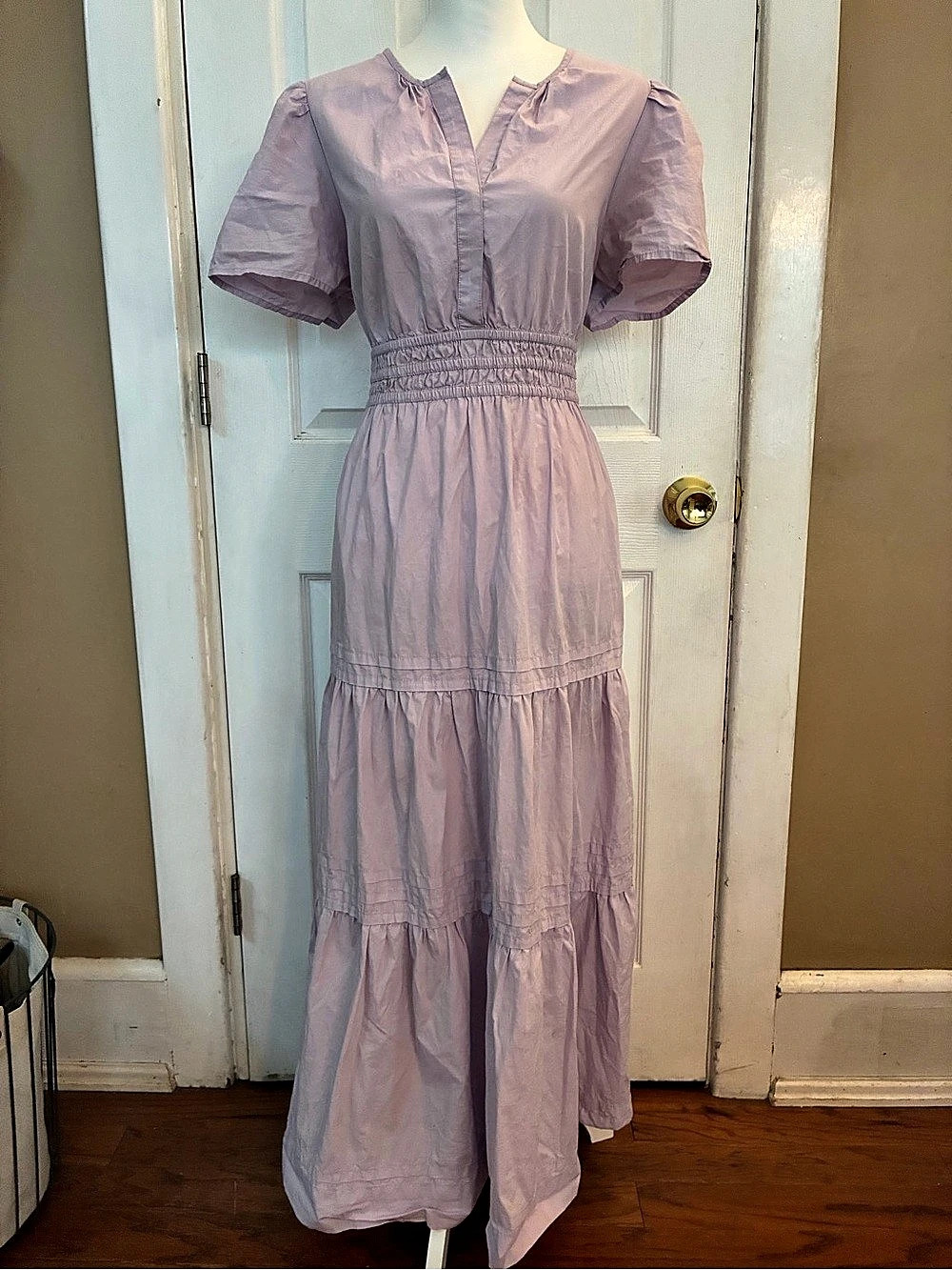 Quince Cotton Poplin Tiered Maxi Dress Lavender V-Neck Smocked L Cottagecore